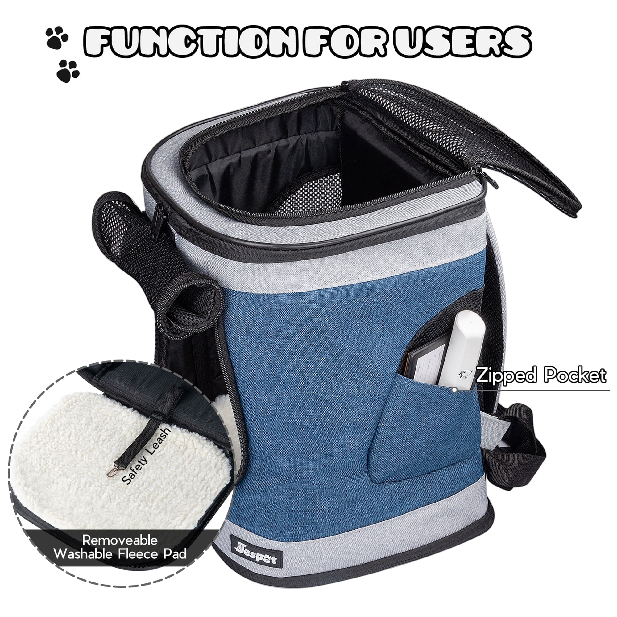 JESPET & GOOPAWS: Pet Soft Backpack Carrier - Blue Grey - 13", Small Dogs & Cats, Portable-Traveling-Hiking-Walking, Outdoor, Mesh Window, Ventilated