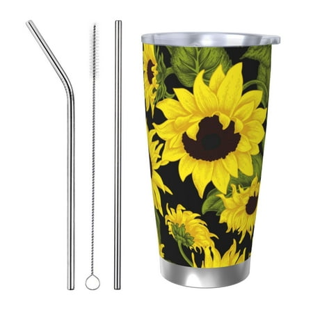 

KLL Sunflowers In Vintage Print 40oz Stainless Steel Insulated Car Cup with Spillproof Lid - Keep Your Drink Hot or Cold on the Go-Straw Three-piece Set
