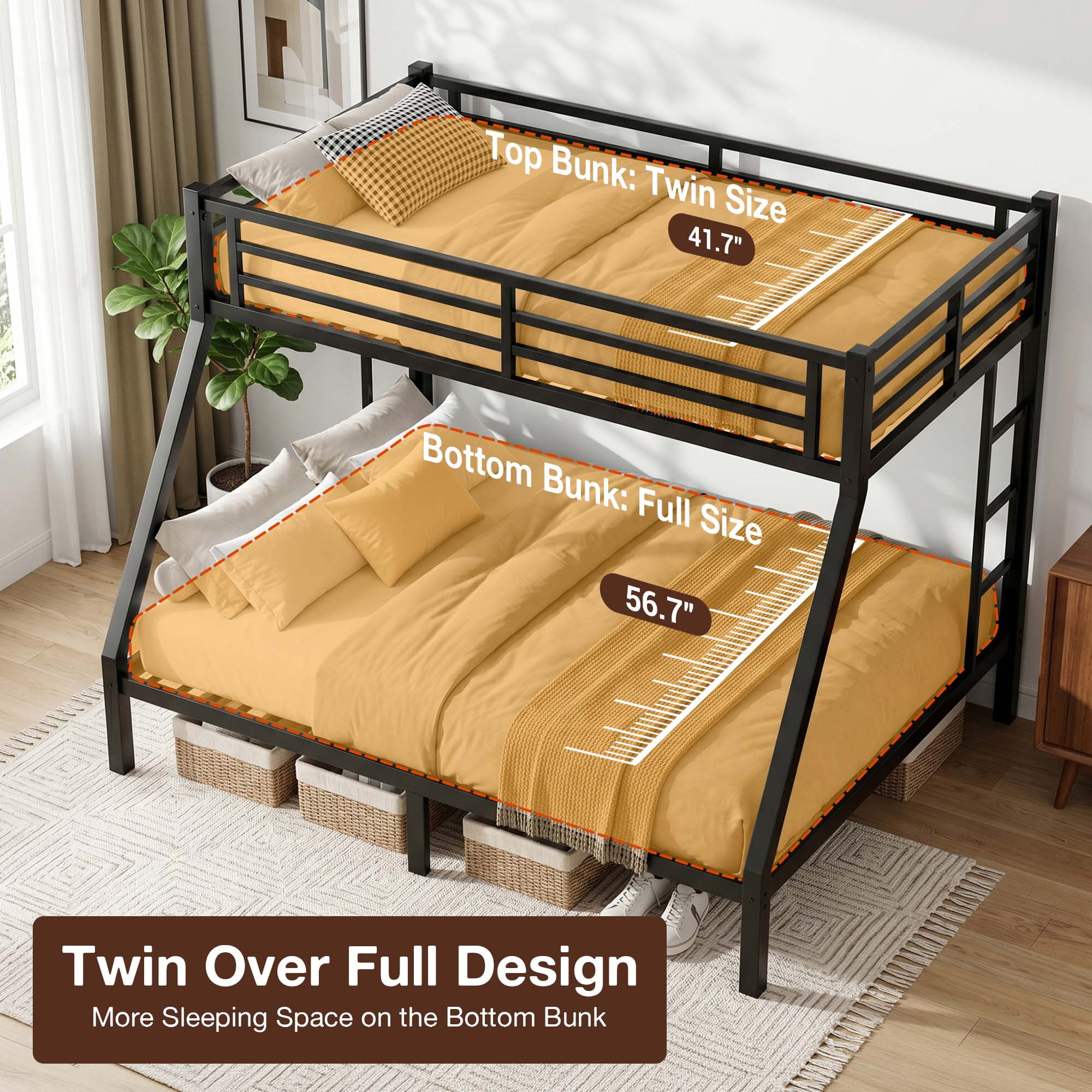 Miniyam Twin Over Full Metal Bunk Bed with Ladder and Guardrails, Black Finish