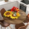 thumbnail image 2 of Retro Round Fitted Table Cover Sunflowers Rustic Wood Grain Texture Pastoral Style Waterproof Table Cloth with Elastic Edge Wipeable Tablecloth for Picnic Camping Party Fits 45"-54" Diameter, 2 of 8