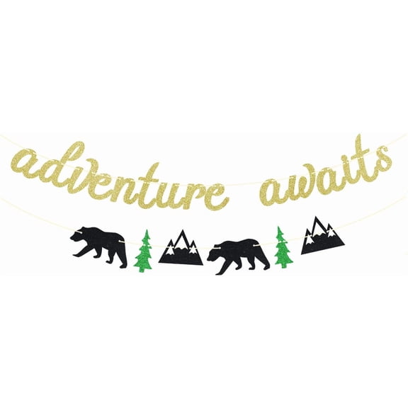 Adventure Awaits Banner - Congrats Grad Bunting Sign - Graduation/Retirement/Bon Voyage/Baby Shower/Moving Party/Travel Theme Party Decorations Supplies, Gold Glitter