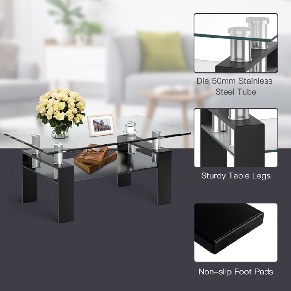 Finihen Glass Coffee Table, Rectangular Coffee Table, Rectangle Glass Coffee Table with Metal Legs, for Living Room, Reception Room, Black Finihen Glass Coffee Table, Rectangular Coffee Table, Rectangle Glass Coffee Table with Metal Legs, for Living Room, Reception Room, Black