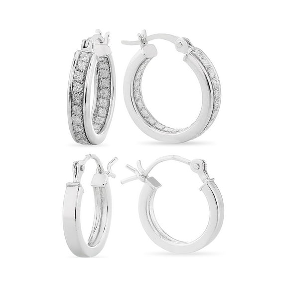 Brilliance Sterling Silver Polished with Glitter Hoop Earring Set