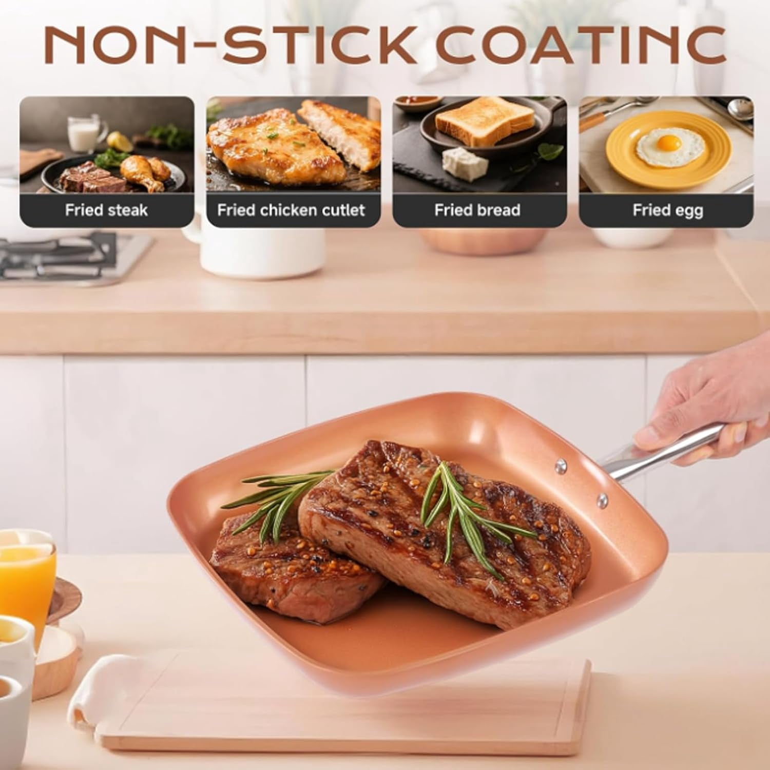 Square Frying Pan Copper Color Aluminum Alloy Non Stick Ceramic Coating Induction Compatible Cookware