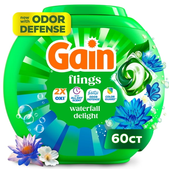 Gain Flings Laundry Detergent Soap Pacs, 4-in-1 Oxi Boost and Febreze, Waterfall Delight Scent, 60 Count