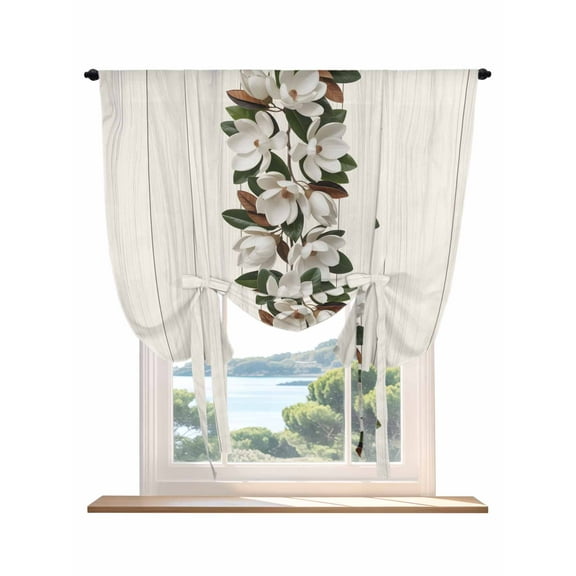 Botanical Flowers Tie Up Curtains for Windows 54 Inch Length Balloon Curtains Kitchen Adjustable Balloon Window Shade Farmhouse Floral Beige Wooden Grain Tie Up Bathroom Curtain Window 42"x54"