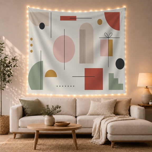 Abstract Geometric Shapes on Warm Ivory Field, Balanced Minimalist Mid-Century Art for Art Lovers, Neutral Home Decor, Housewarming Gift, Tapestry Wall Hanging for Living Room and Bedroom