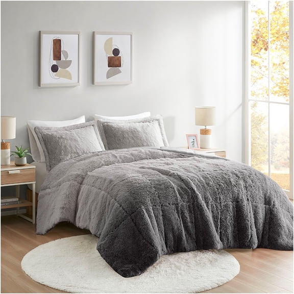 JERFIT King Size Ombre Faux Fur Comforter Set, Grey Plush Shaggy Bedding with 2 Pillow Shams, Ultra Soft & Hypoallergenic