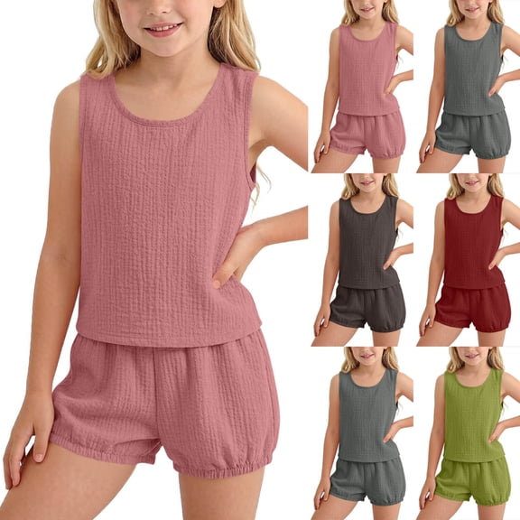 Lumosvexa Girls Outfit Sets 2 Piece Sleeveless Tank Tops and Elastic Waist Shorts Kids Summer Daily Comfort Clothes Pink Size 7-8