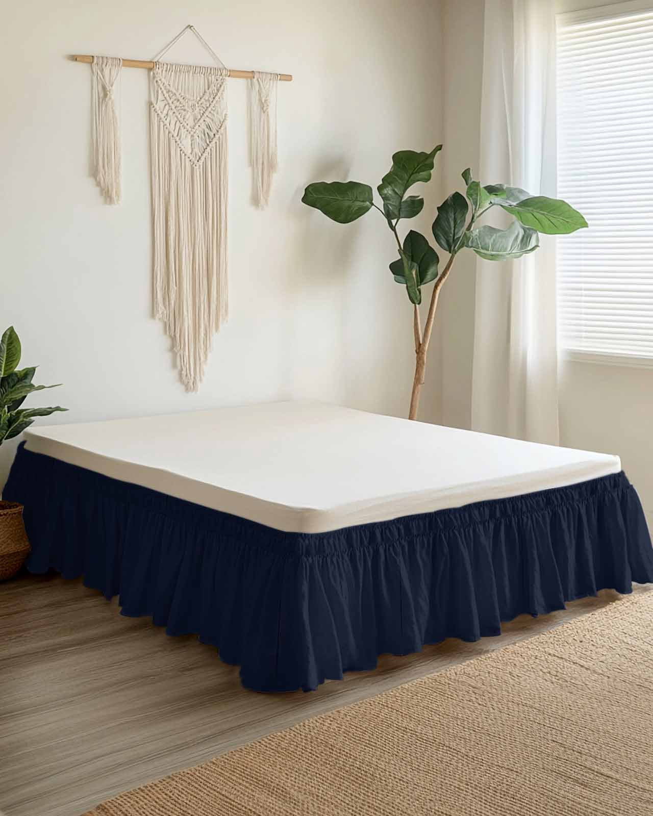 Solid Color Bed Skirt Dark Blue Bed Skirts Queen Size 18 Inch Drop, Wrap Around Dust Ruffle&nbsp;Bedskirt with Adjustable Elastic Belt for Queen Size Beds