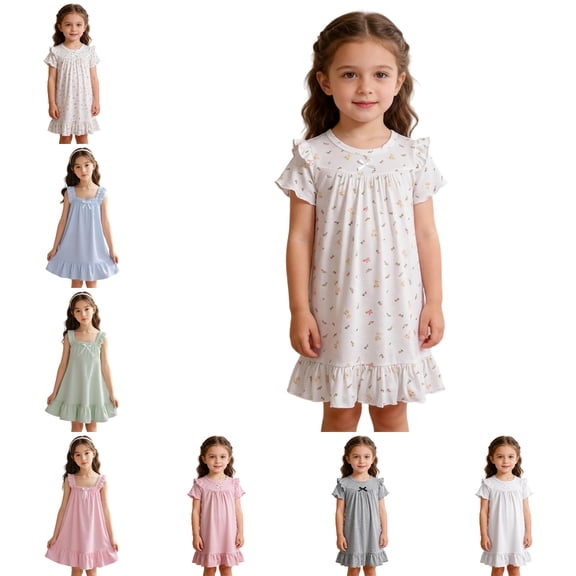 LIIPEE Cartoon Graphic Nightgown For Girls Short Sleeve Summer Lightweight Ruffle Sleepwear Dress Kids Loose Breathable Cute Daily Homewear,2-3 Years
