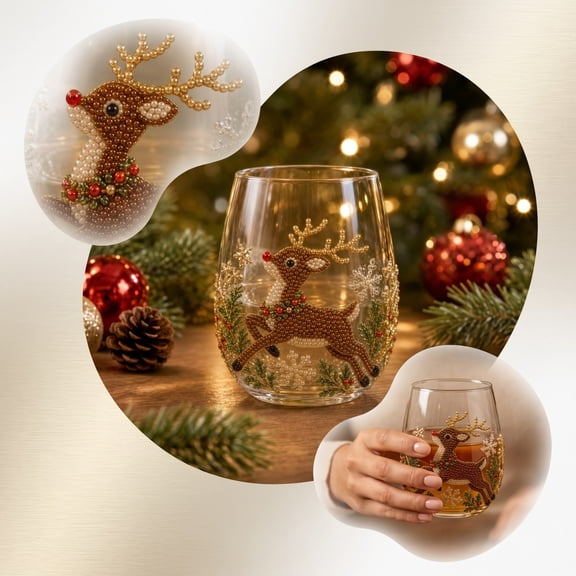6 Pcs Christmas Stemless Wine Glasses, Sparkling Rhinestone Beaded Holiday Tumblers, Xmas Party Glassware Gift Set, Festive Table Decor