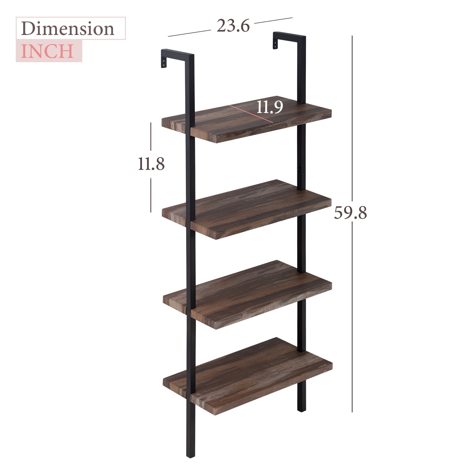 FDW 4-Shelf Bookcase Open Wall Mount Ladder Bookshelf with Industrial Metal Frame For Home Office Study, 60-inch