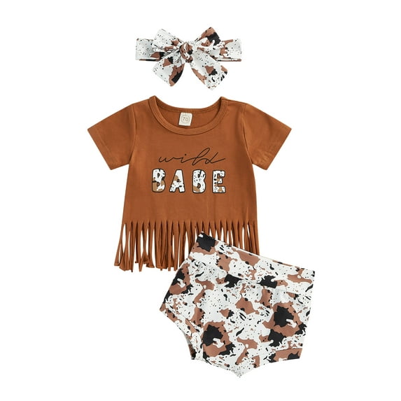 aturustex Infant Girl Tops + Shorts + Bow Headband Tassel Letter Cow / Camouflage / Rainbow Clothing