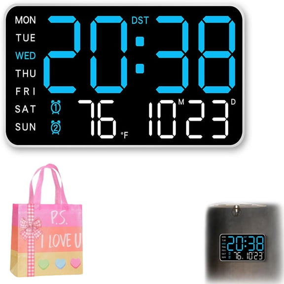 Multifunctional Decorative LED Digital Wall Clock, Frameless Electronic Wall Clock, with Brightness Time Date Temperature Display Night Light for Home Office (A)