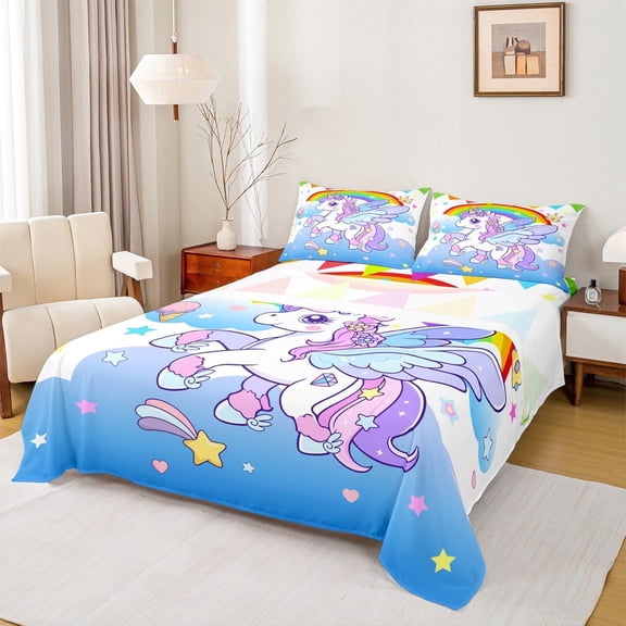 Erosebridal Cute Unicorn Sheet Set Twin,Rainbow Galaxy Starry Bedding Sets Twin Size,Purple Blue Twin Sheet Sets For Girls,Ultra Soft Bedroom Decorative,3 Pieces