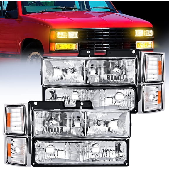 Nilight Headlight Assembly for 1994 1995 1996 1997 1998 GMC Suburban Yukon Sierra C/K Series 1500 2500 3500 Replacement Headlamp Chrome Housing Amber Reflector Bumper Corner Lamp, 2 Years Warranty
