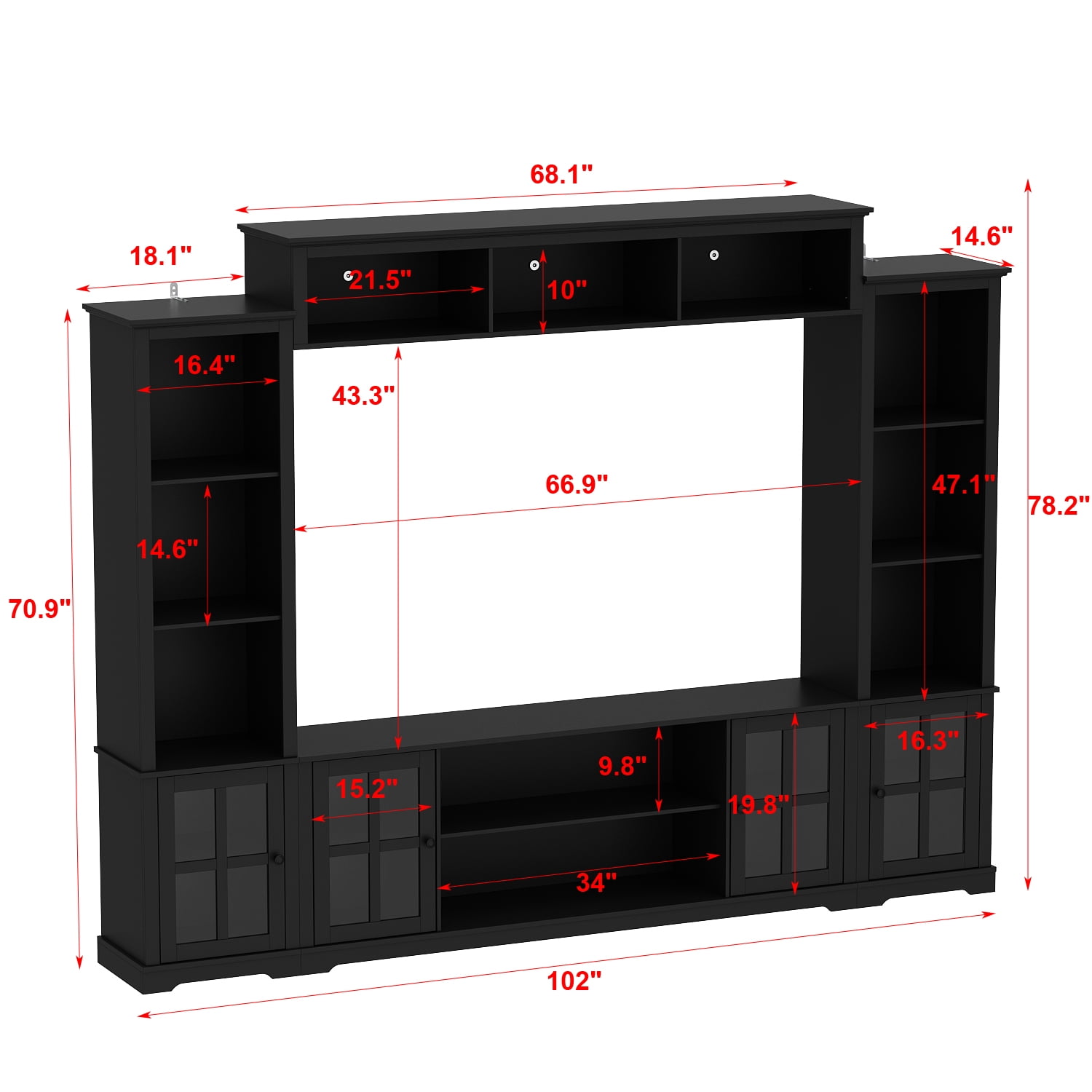 OXYLIFE Large Entertainment Center with Bookcase, TV Media Center Console Table with Open Shelves and Glass Door, Black