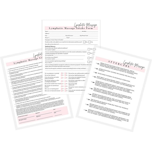 Lymphatic Massage Intake, Consent, and Aftercare Form  75 Pack  8.5 x 11" A1 Forms  Clients Signature  Client Forms Bundle  White and Pink Design