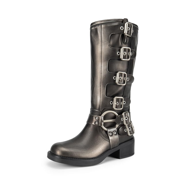 Botas DREAM PAIRS de motociclista hasta la rodilla con tacón plateado de 5 cm