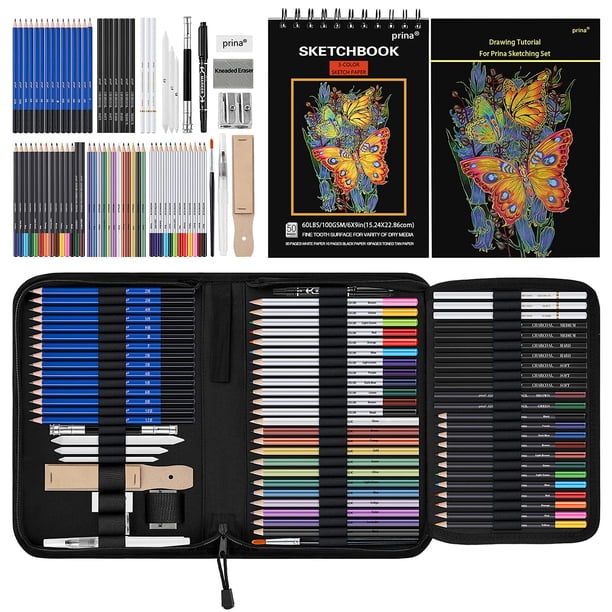 Set de dibujo PRINA, paquete de 76 unidades, con cuaderno de bocetos de 3 colores