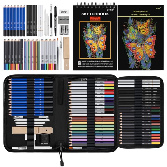 Set de dibujo PRINA, paquete de 76 unidades, con cuaderno de bocetos de 3 colores