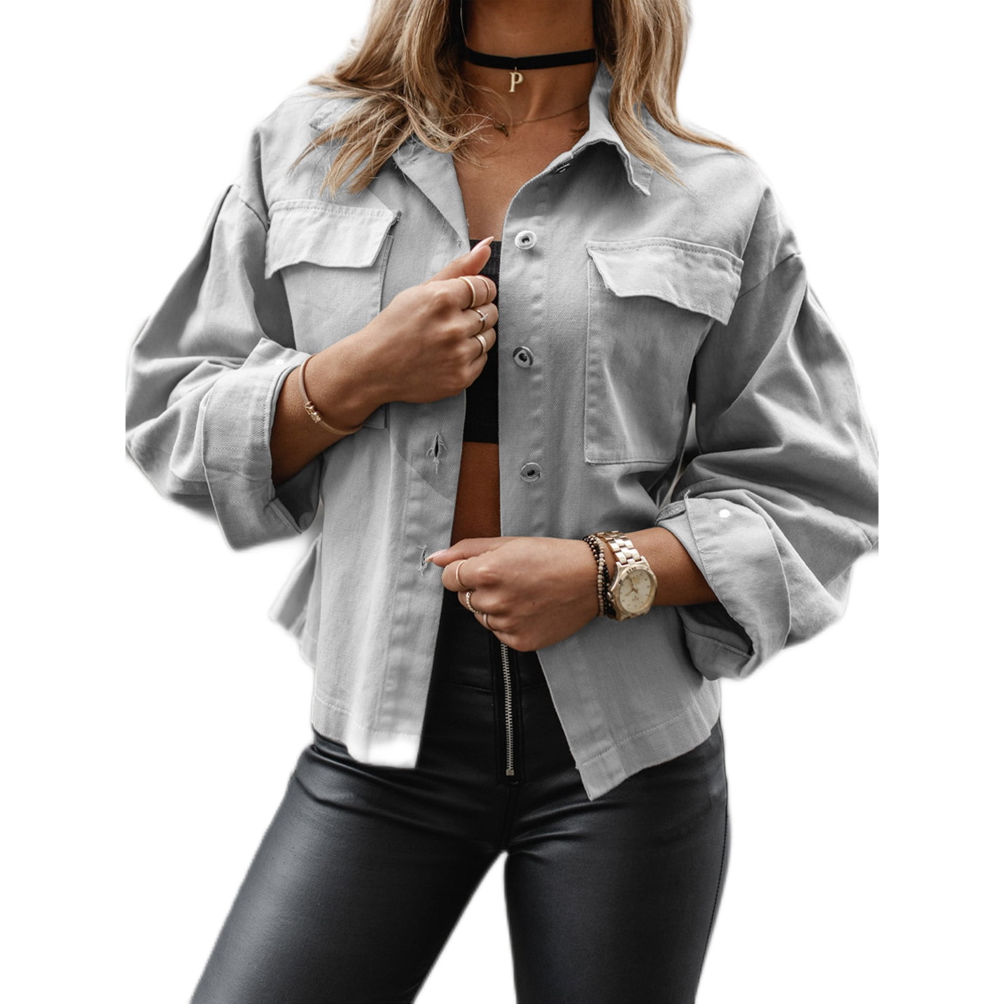 Bellella Ladies Short Jacket Baggy Solid Color Cardigan Party Jackets Gray L Walmart