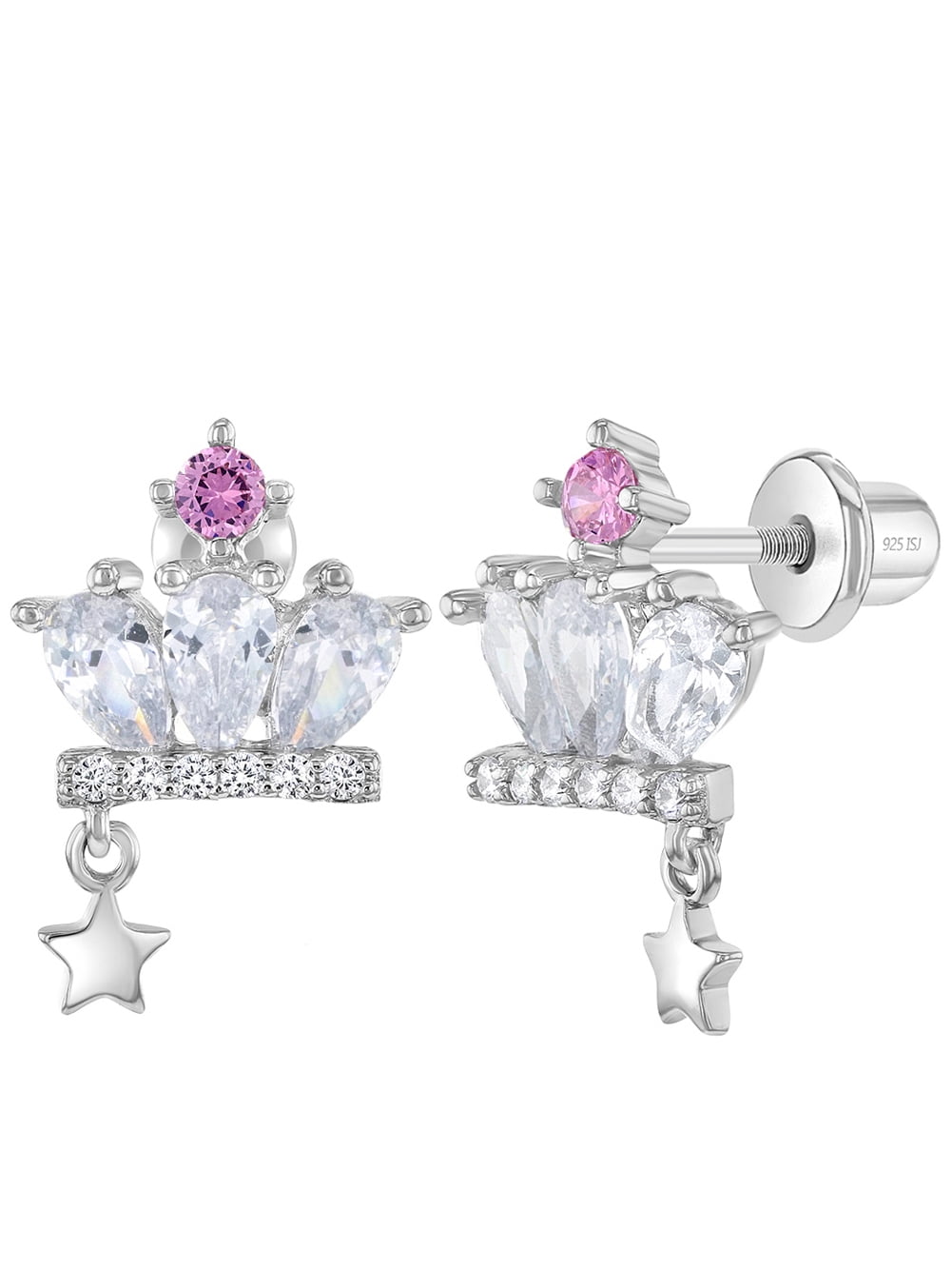 Crown & Star CZ Dangle Kids / Girls Earrings Screw Back - Sterling Silver