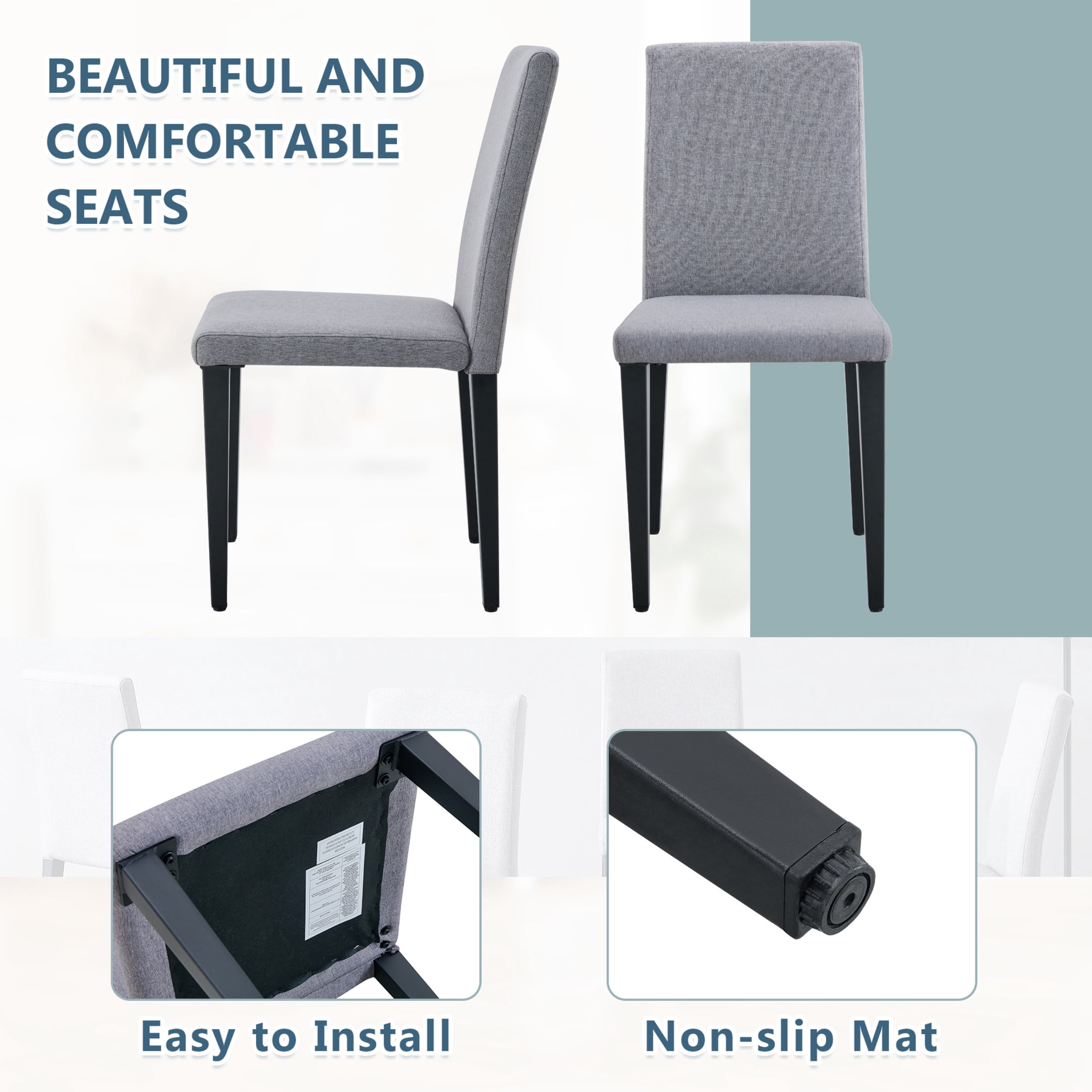Noble House 35.4" Dining Chairs, Linen-Cotton Upholstered, Black Metal Legs, Breathable Comfort, Light Gray, Set of 4