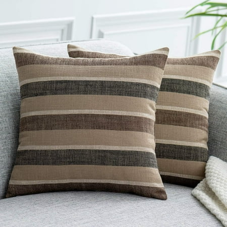 

2 Pieces Decorative Classic Retro Stripe Throw Pillow Cover Wite Hidden Zipper Soft Linen Modern Farmhouse Cushion Case for Sofa Bedroom Car 16x16 Inch Black Brown Mixed