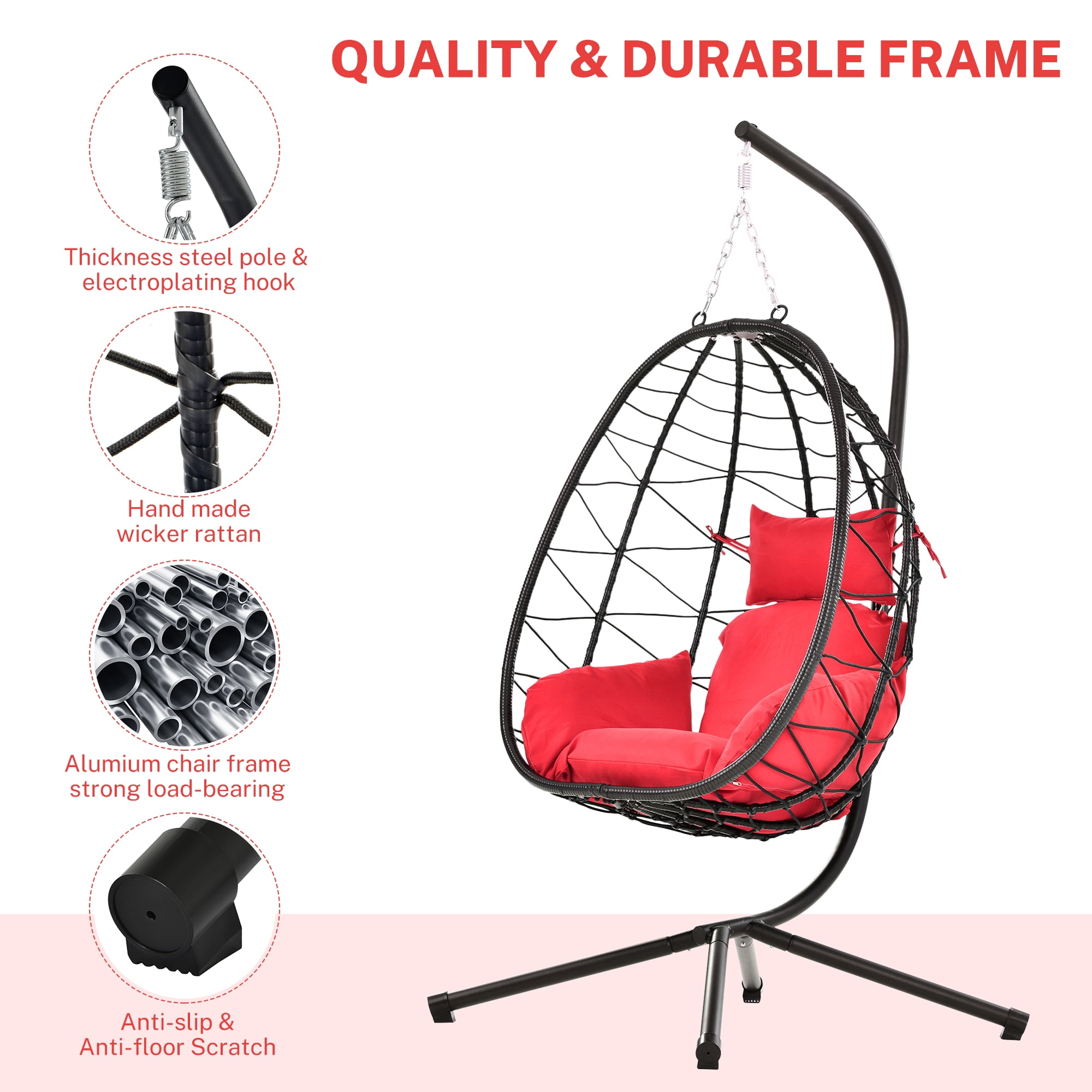Hanging Hammock Chair, Wicker Egg Chair with Comfortable Seat and Back Cushion, 350LBS Capacity Egg Chair w/Stand, Durable All-Weather UV Rattan Lounge Chair for Patio, Deck, Yard, Garden, Red, SS1955
