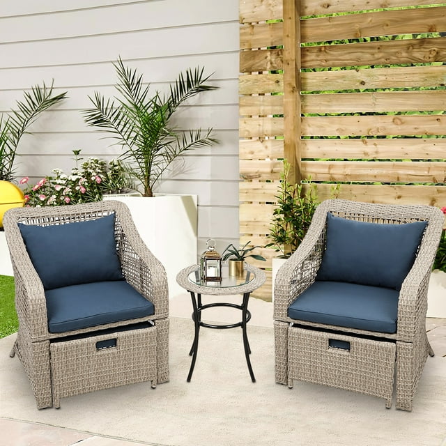 5 Piece Wicker Bistro Set, SEGMART Outdoor Lounge Chair Chat Conversation Set with 2 Cushioned Chairs, 2 Ottoman, Glass Table, PE Wicker Rattan Patio Furniture Set for Backyard, Porch, Garden, LLL331
