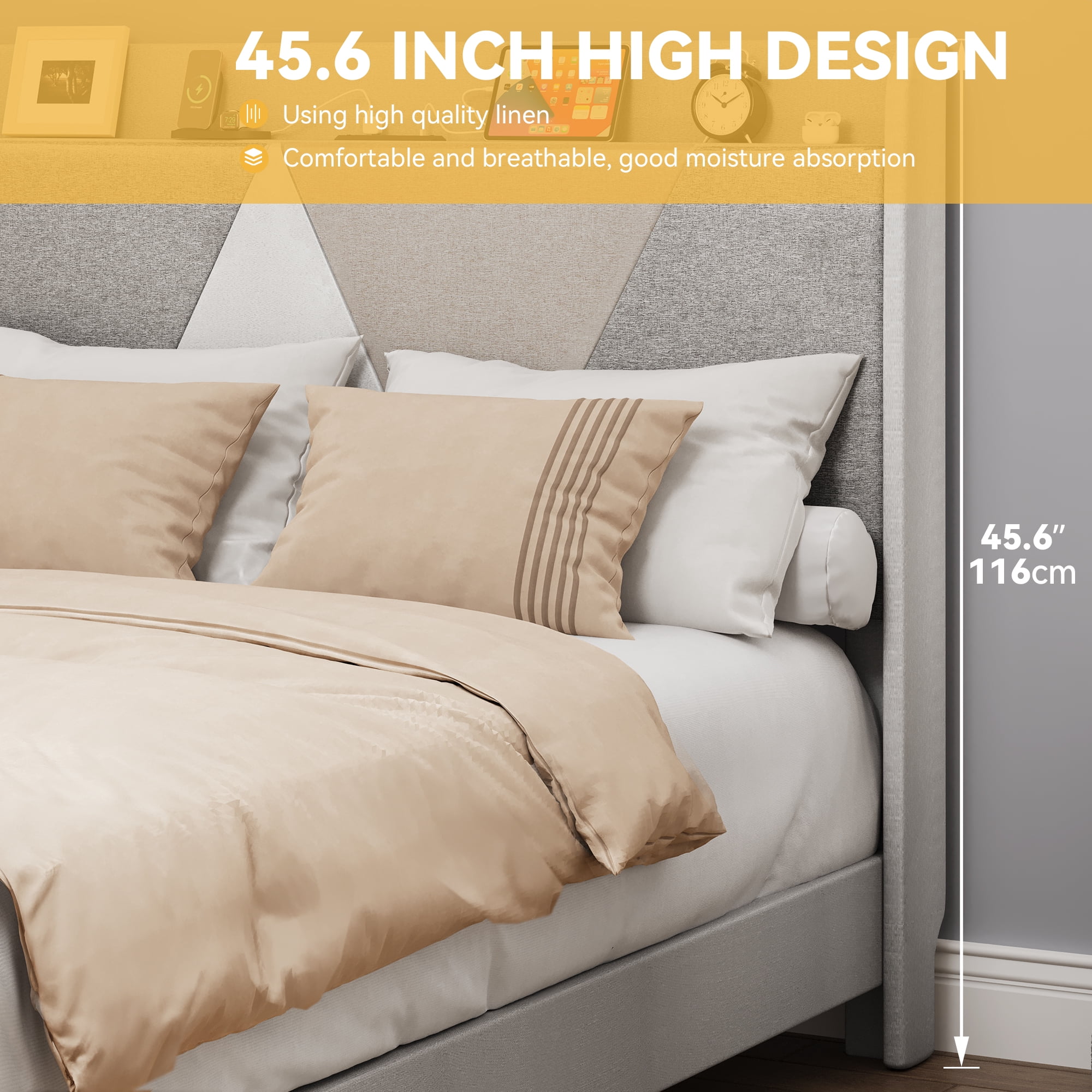 Dextrus King Size Bed Frame with Integrated USB Ports, No Box Spring Required,Grey