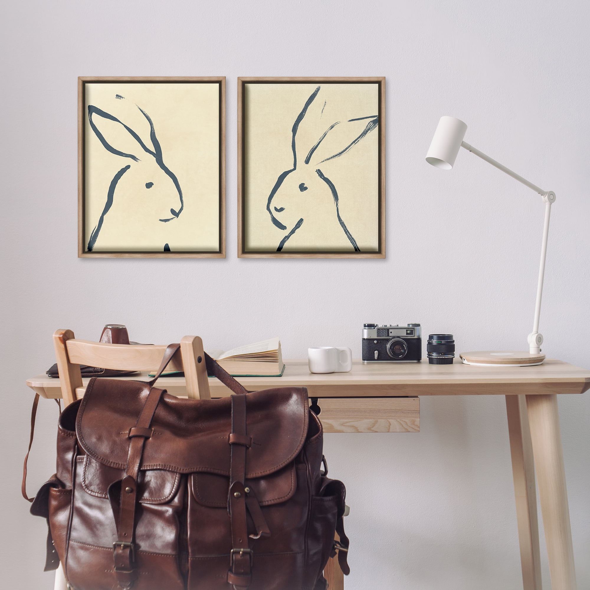 Stupell Industries Minimalist Rabbit Line Portrait Animals Drawing Brown Floater Framed Canvas Art Print Wall Art, 17 x 21, Set of 2