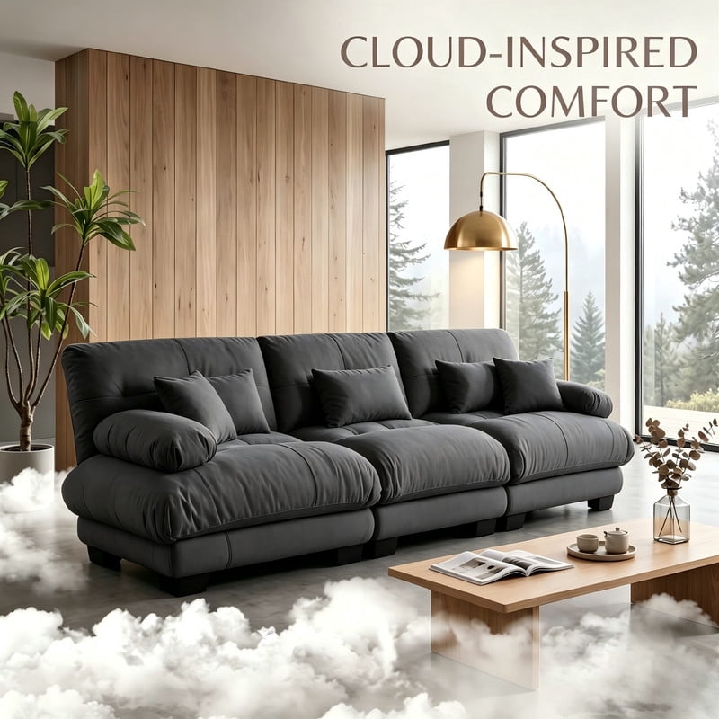 ANPPORT Cloud Couch Sleeper Sofa, Chenille Gray 3-Seater Modular Sofa, 3 Lumbar pillows, 2 Pillows, Comfy Deep Seat Cloud Sofa, Convertible L-Shaped Floor Couch for Living Room