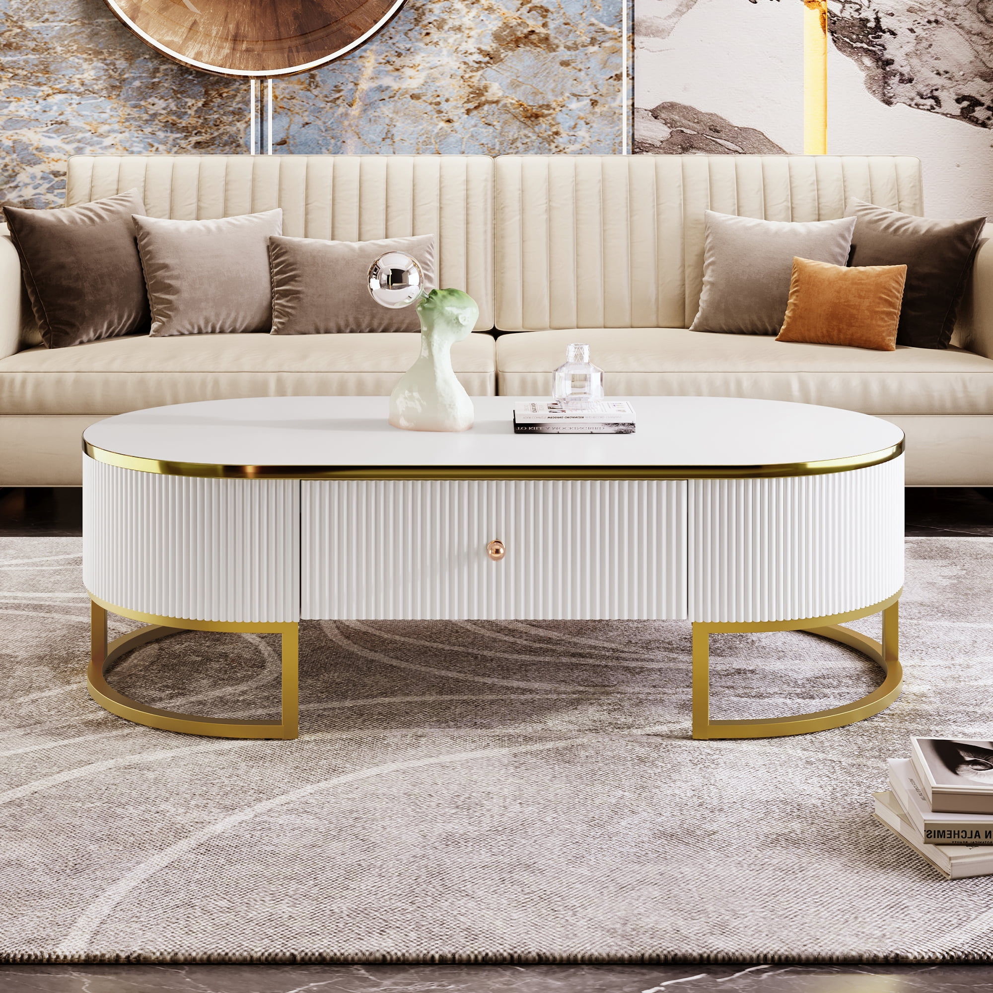 Euroco Modern Oval Coffee Table with Drawers,Curved Profile Design, Gold Metal Decor, Center Table for Living Room in 47.2"