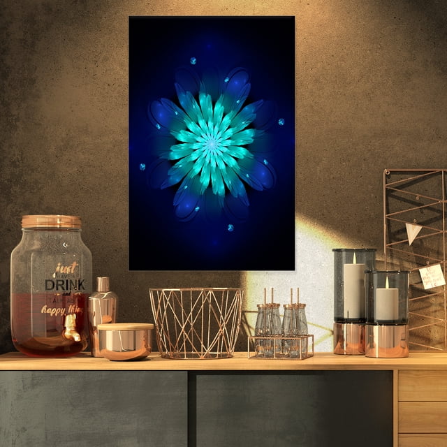 Fleur Fractale Bleue N Turquoise - Grande Impression sur Toile d'Art Floral