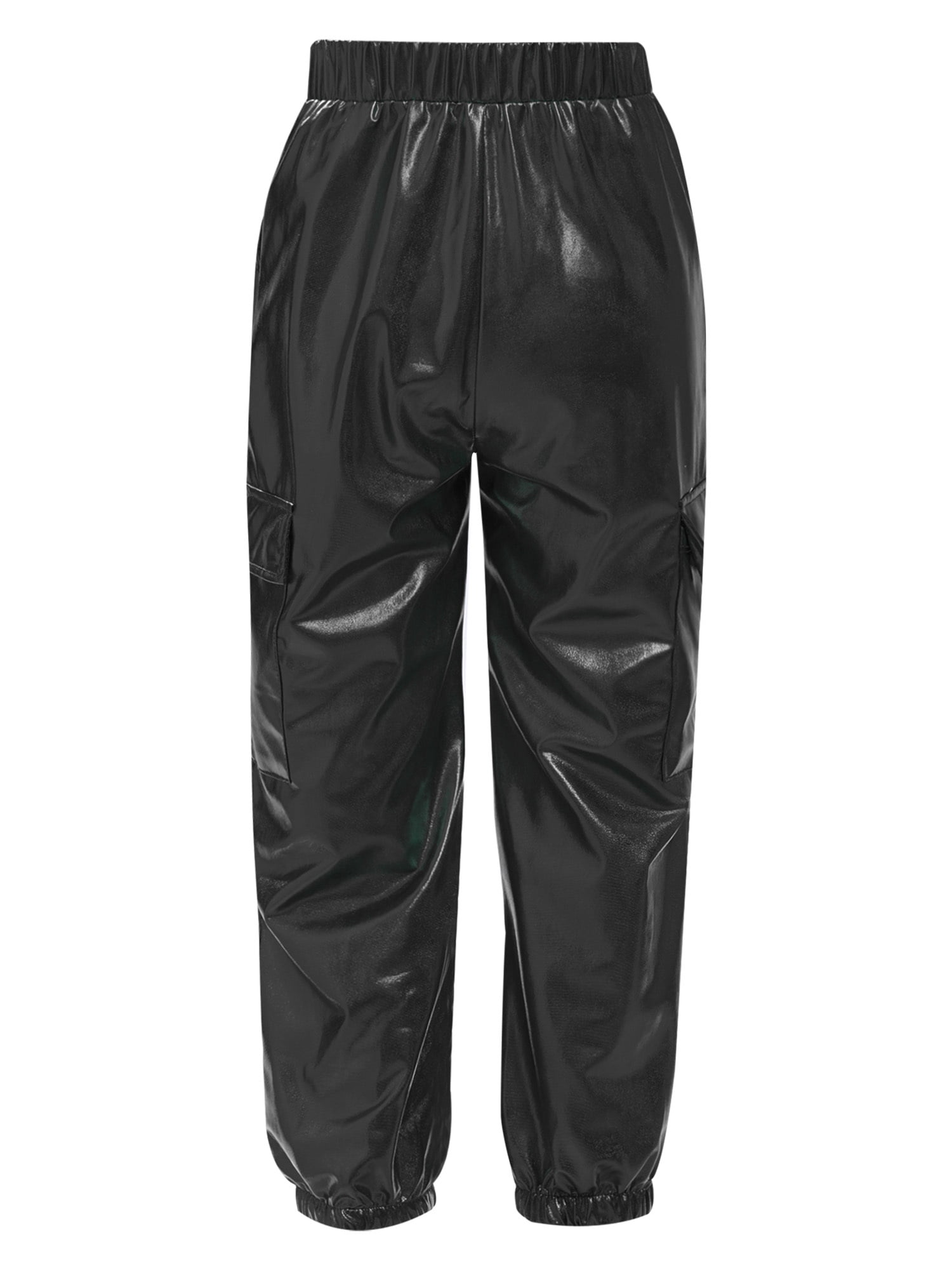 RUNQHUI Girls Boys Metallic Shiny Cargo Pants Kids Multi Pockets Joggers Holographic Hip Hop Jazz Dance Trousers Black 6