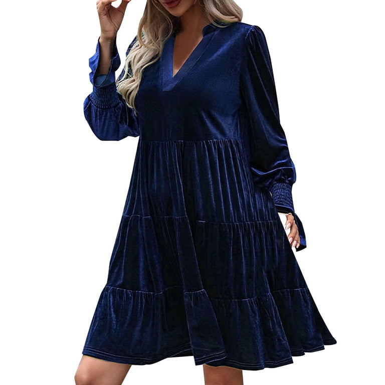 Cavosen Womens Trendy Dress Blue Velvet Long Sleeve Mini Dress Cuffed V-Neck Knee Length Short Dress Solid Smocked Tiered Casual Trendy Dress Vacation