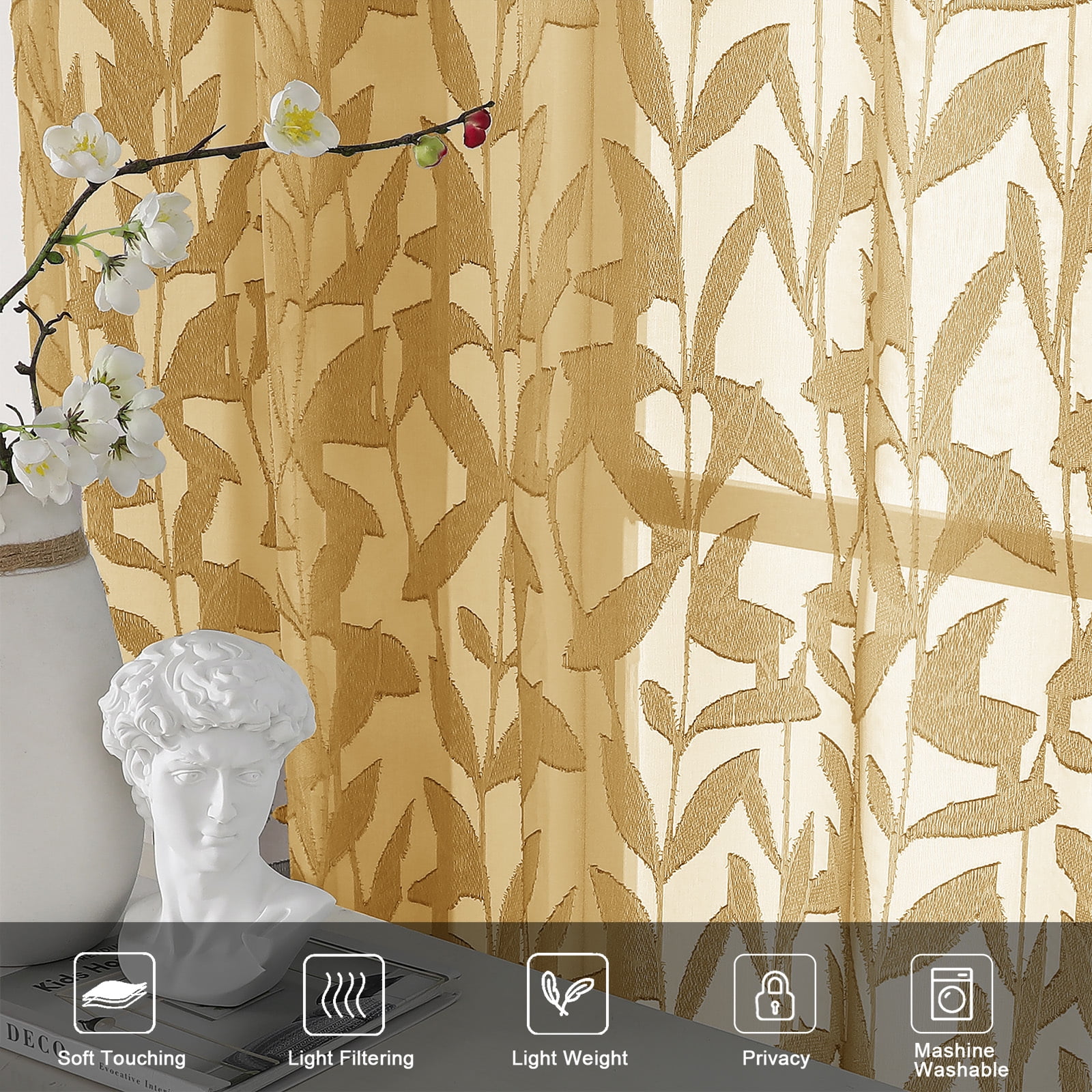 OVZME Leila Gold Sheer Curtains 84 Inches Long 2 Panels, Light Filter Soft Airy Lightweight Textured Solid 3D Jacquard Window Treatments, Bedroom Living Room Curtains with Dual Rod Pocket, 40Wx84L