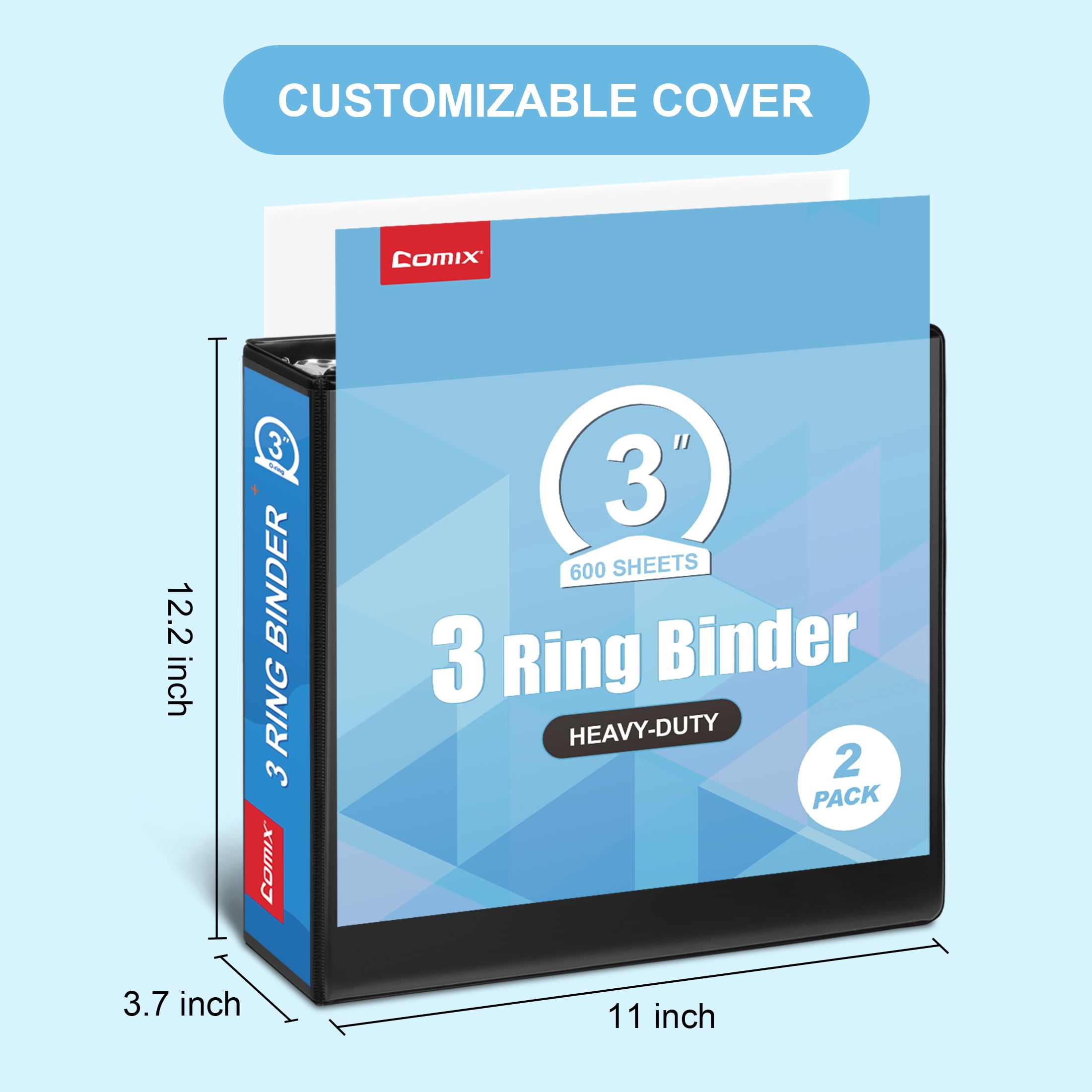 Comix Heavy-duty 3 inch 3 Ring Binder with Clear Cover,  Round Ring, 600 Sheets Capacity, Office School Supplies, 2-Pack Black