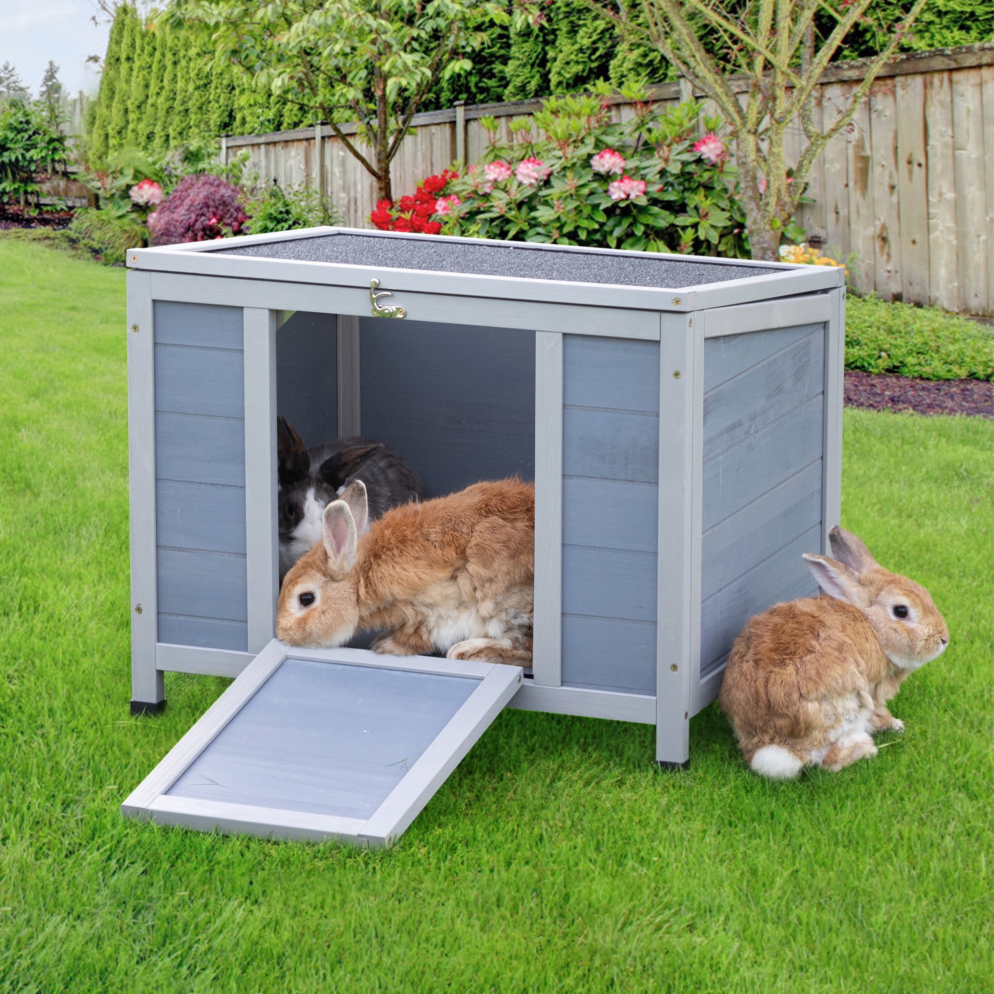 COZIWOW 24inches Wooden Catio Outdoor Cat House Small Animal House，Rabbit Hutch Indoor，Stable Weatherproof Bunny Cage Insulated Pet Shelter for Small Cat Dog Rabbit Guinea Pig(Grey)
