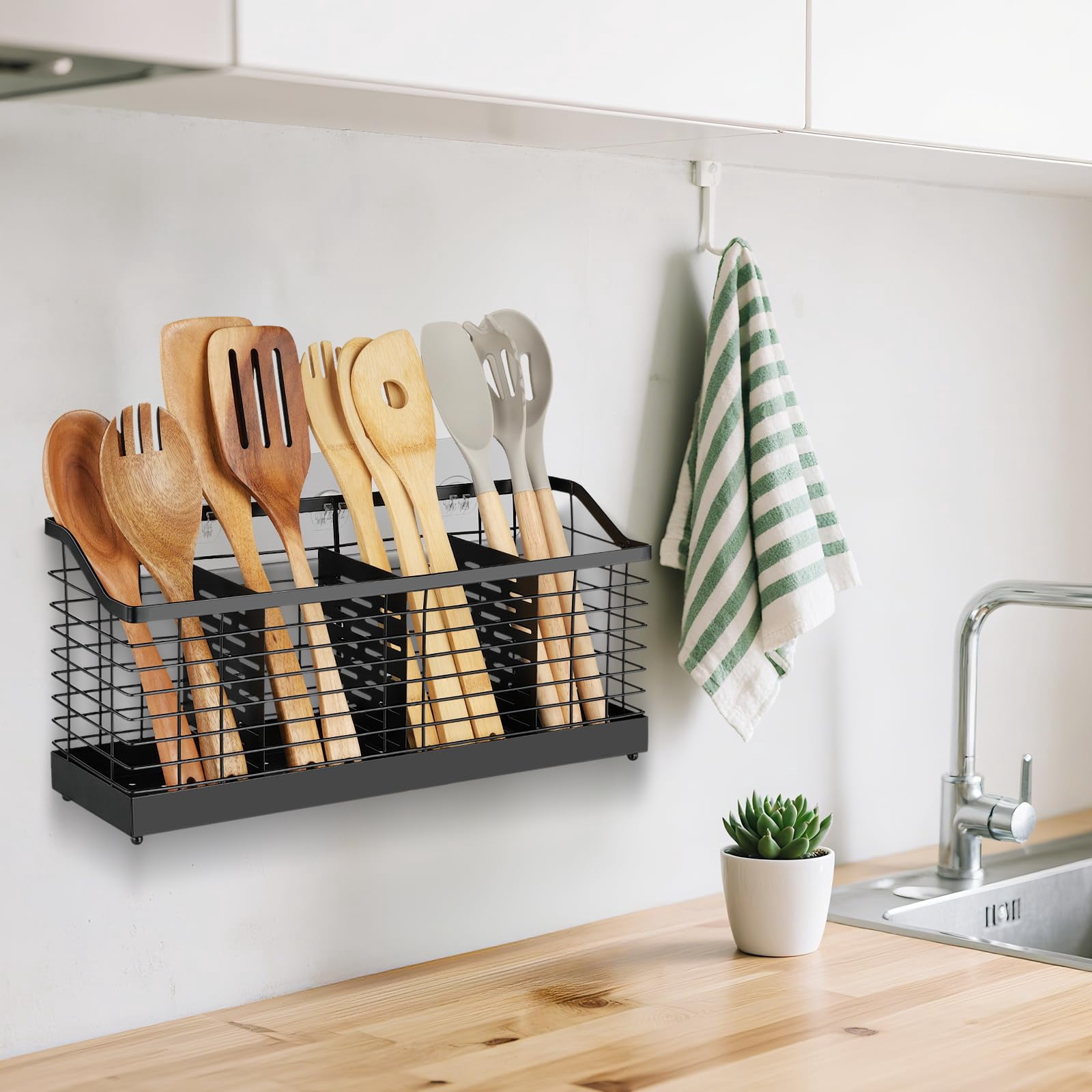 Samhe Utensil Holder for Kitchen Counter, Wall-Mounted Cooking Utensil Organizer with 4 Compartments for Spoons, Forks, Knives