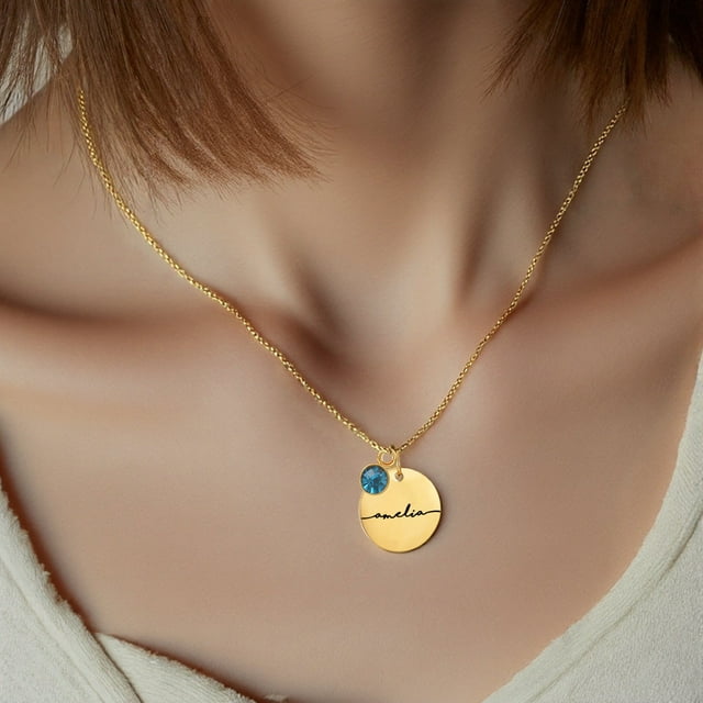 Ohmyroo Delicate Mirror Titanium Steel Engraved Necklace Personalized Round Pendant Birthday Gift For Family