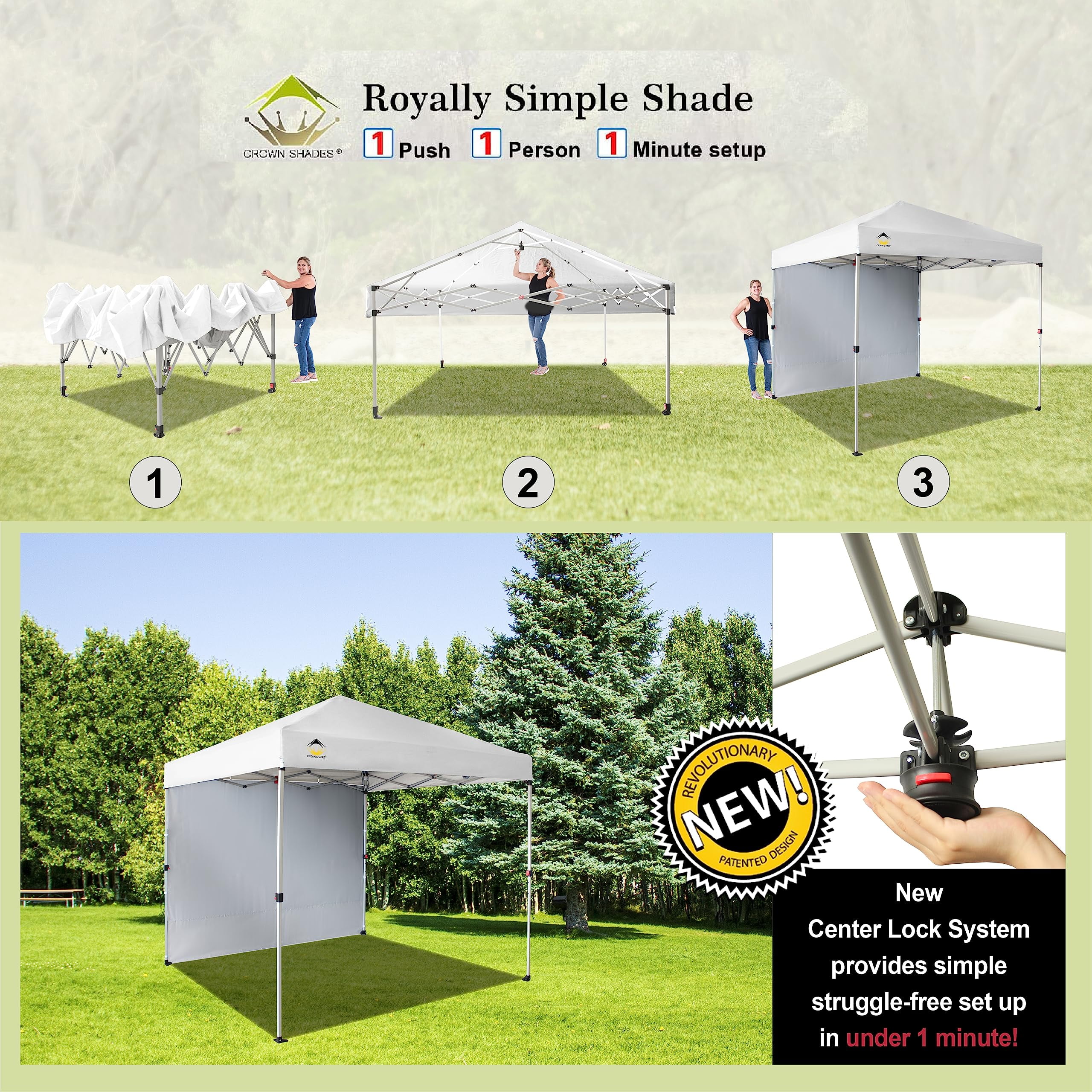 CROWN SHADES Canopy Tent, 8 x 8 Foot Portable Pop Up Outdoor Shelter with 1 Sidewall, Easy 1 Push Center Lock, UV Protection, and Carry Bag, White