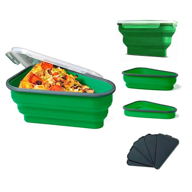 Reusable expandable pizza storage container with 5 microwaveable heating trays, adjustable silicone pizza box, space saving and leftover pizza slice container, microwave and dishwasher safe.
