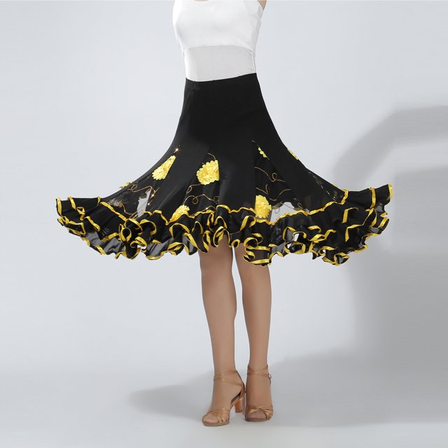 Larga de Mujer Cintura Alta Elástica Bordado de Lentejuelas Swing Traje para Cha Cha Flamenco Amarillo Macarena Vestido de baile latino
