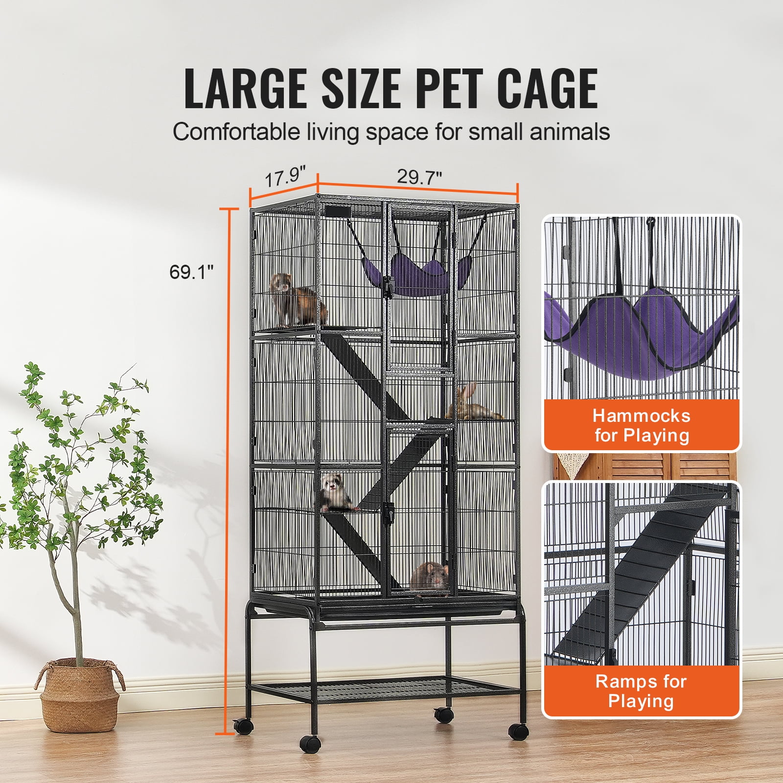 KFFKFF 69" Metal Cage on Wheels, Spacious 4-Level Habitat for Small Pets, Includes Ramps & Tray, Simple Assembly, Ideal for Ferrets, Rats, Guinea Pigs, Chinchillas, Squirrels, Hedgehogs, Bunnies