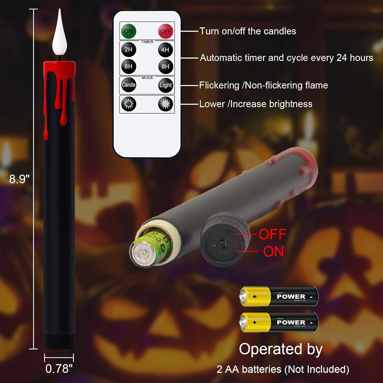 Halloween Black Flameless Taper Candles with Remote Timer, 6Pcs Red Drip LED Candlesticks with 3D Flickering Flame for Home Fall Indoor Halloween Decor(0.78 x 8.9 Inches)