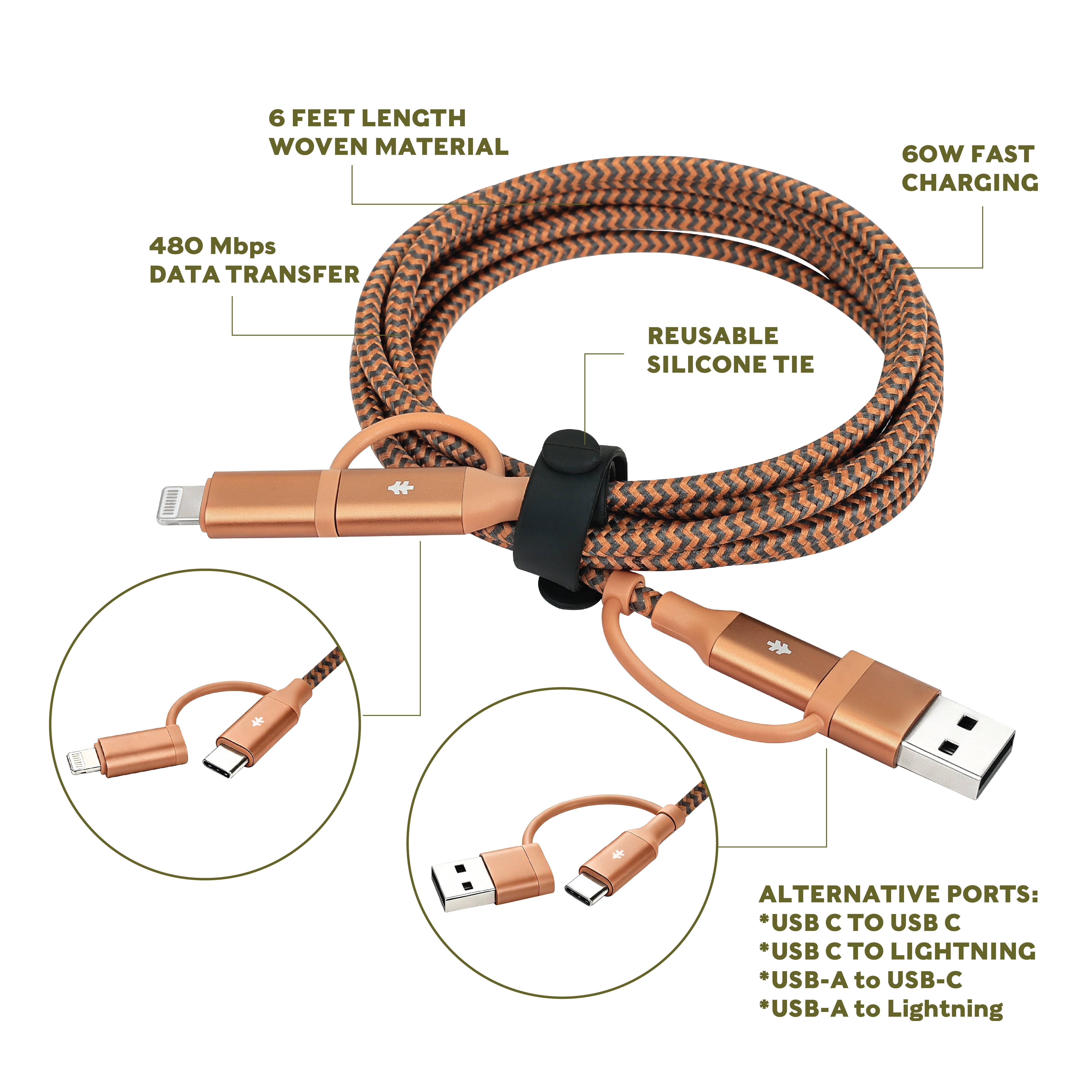 Swiss Tech Kabel T60 6 ft 60W 4-in-2 USB-C to USB-C/Lightning Charging Cable, Terra Orange